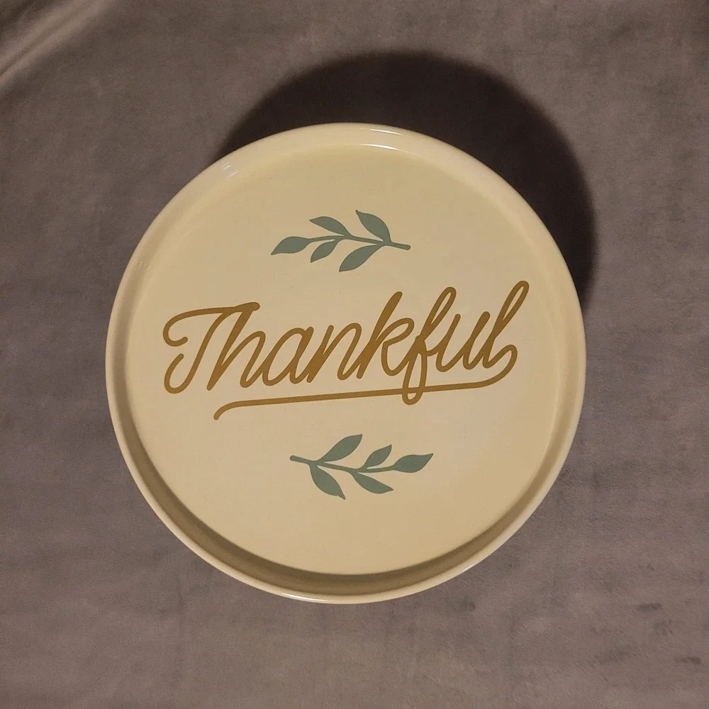 Simply Autumn Harvest Thankful Ceramic Round Cake Stand, 10.5in Cream